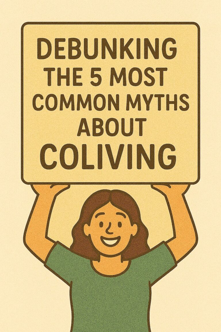 An illustration of a woman lifting a poster with the title of the article : Debunking the 5 most common myths about coliving - POMAR coliving in Portugal.
