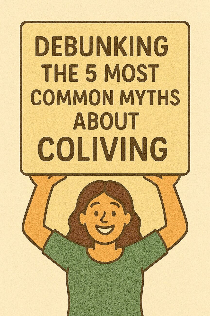 An illustration of a woman lifting a poster with the title of the article : Debunking the 5 most common myths about coliving - POMAR coliving in Portugal.
