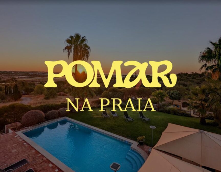 Cover image of POMAR na Praia coliving, featuring a pool and Mediterranean house at sunset with logo and NA PRAIA title