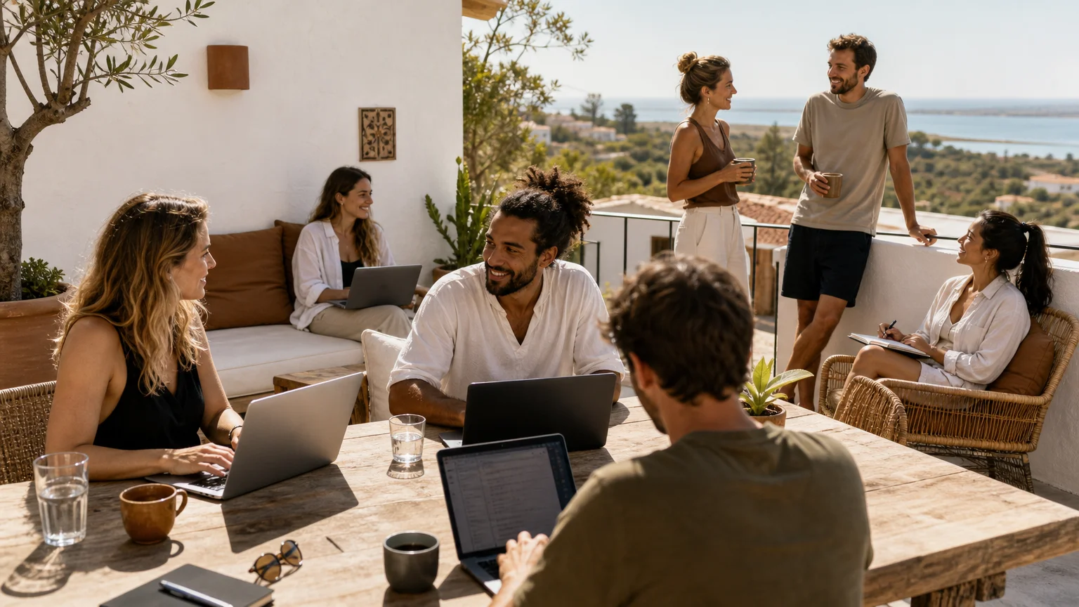 Diverse remote workers gathered on a sunlit whitewashed Algarve terrace by the ocean