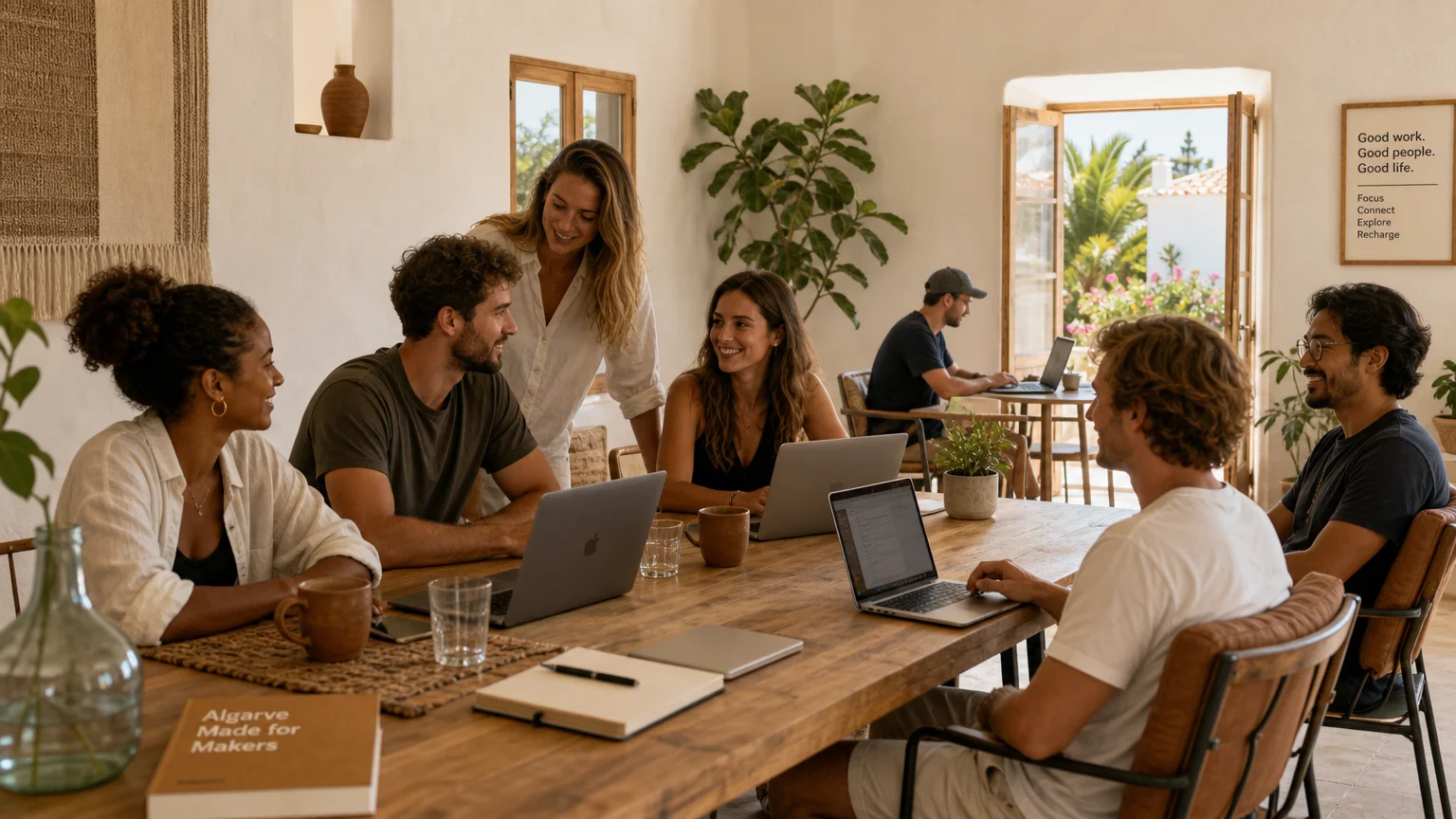 Diverse remote workers collaborating around a communal table in a bright Algarve coliving house
