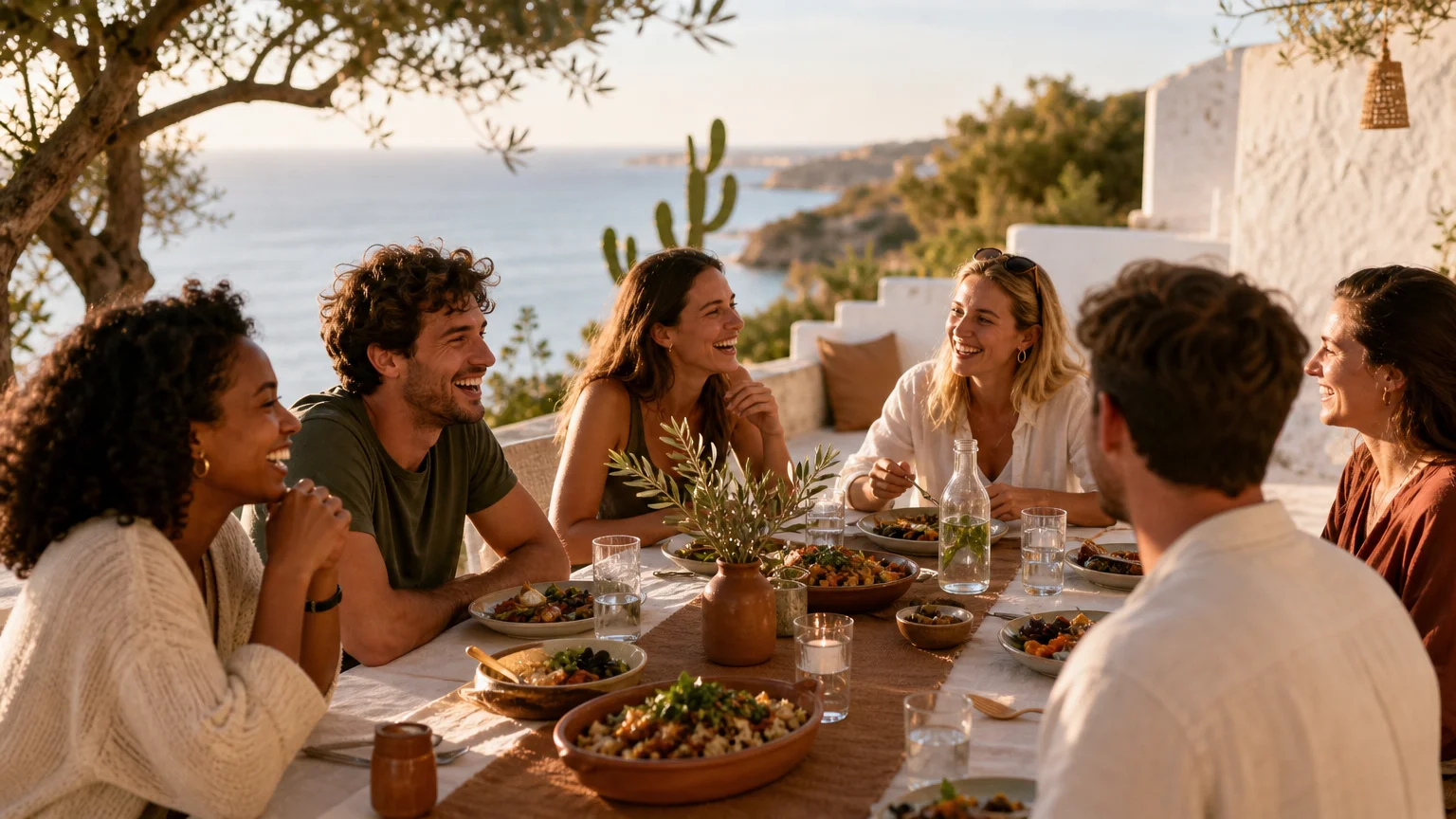 Diverse remote workers sharing an outdoor meal on an Algarve terrace overlooking the ocean at golden hour