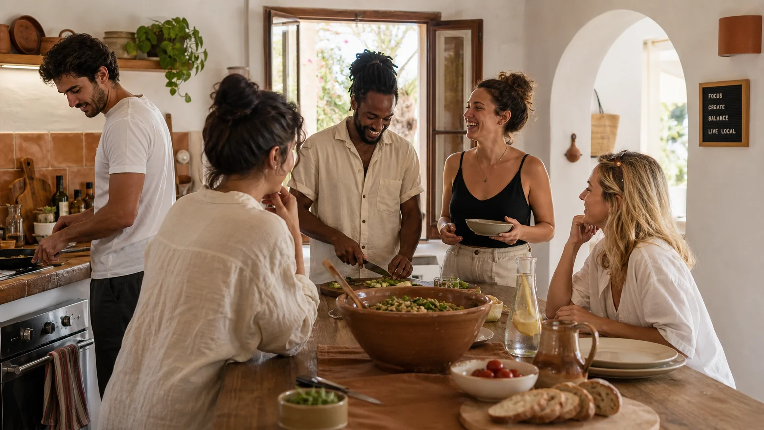 Diverse residents cooking together in a bright shared co-living kitchen