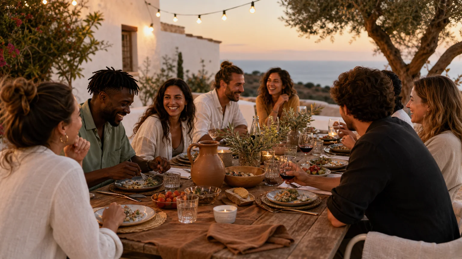 Diverse group sharing an outdoor community dinner on an Algarve terrace