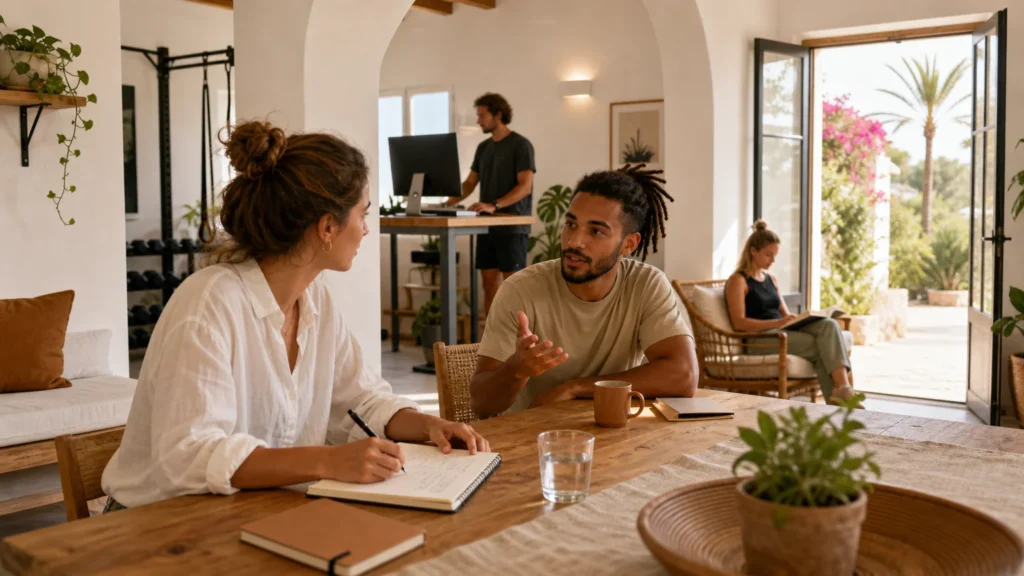 Residents collaborating in a warm Algarve co-living workspace