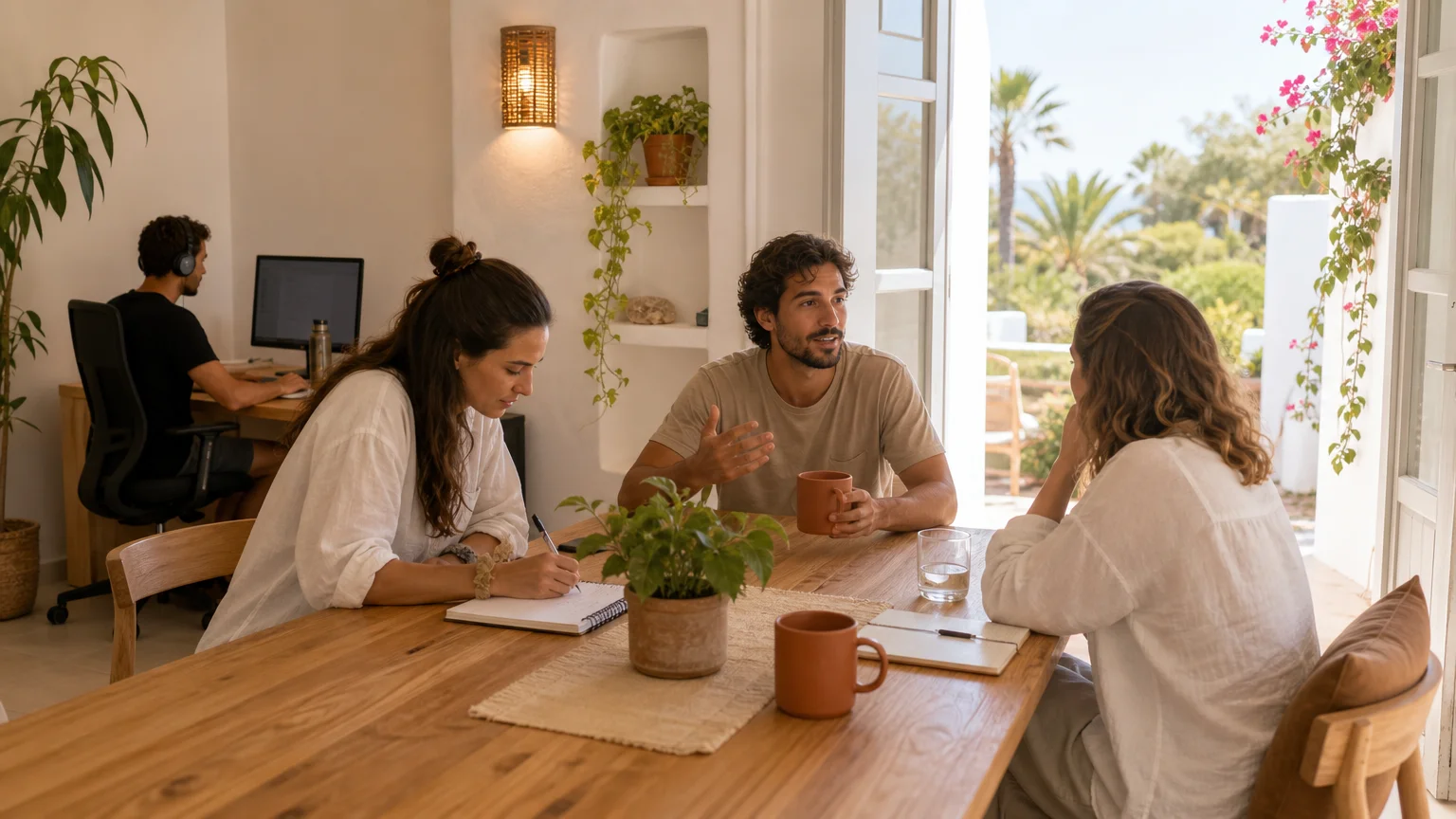 Residents collaborating in a warm Algarve co-living workspace