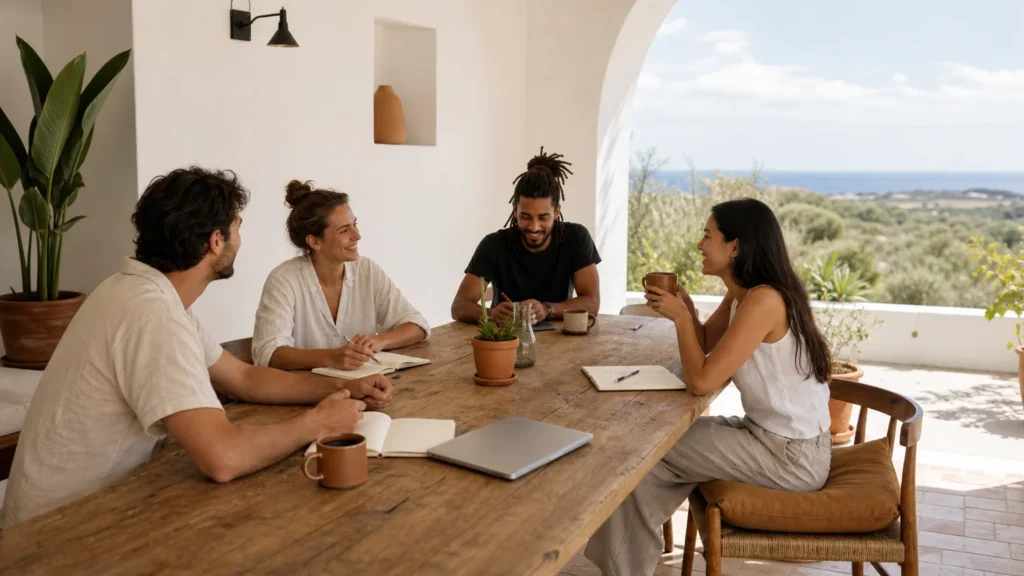 Diverse remote professionals sharing a warm Algarve coliving space