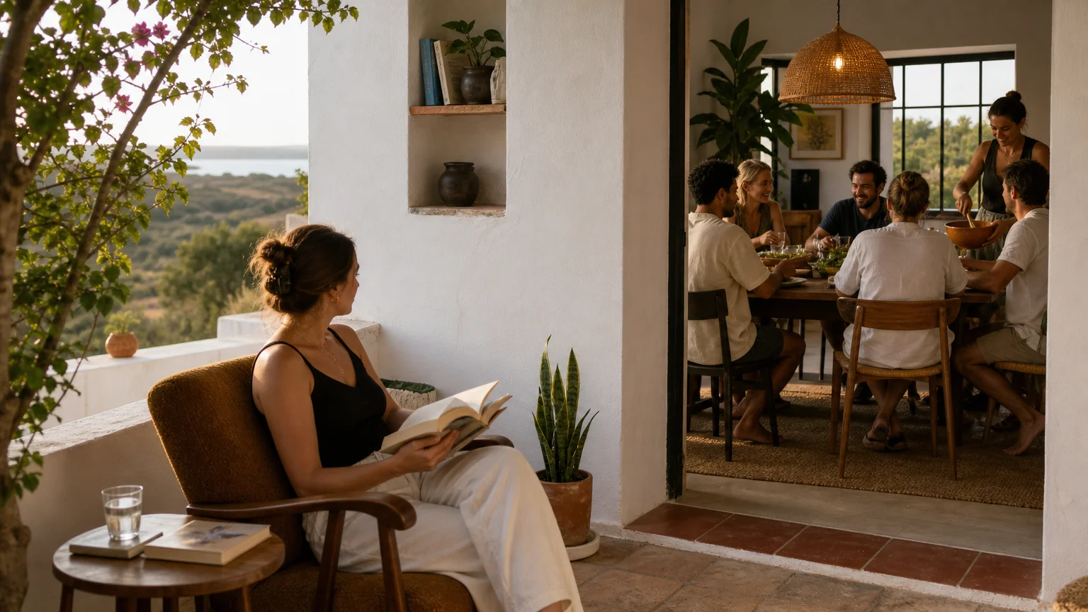 Remote professionals sharing dinner in an Algarve coliving home