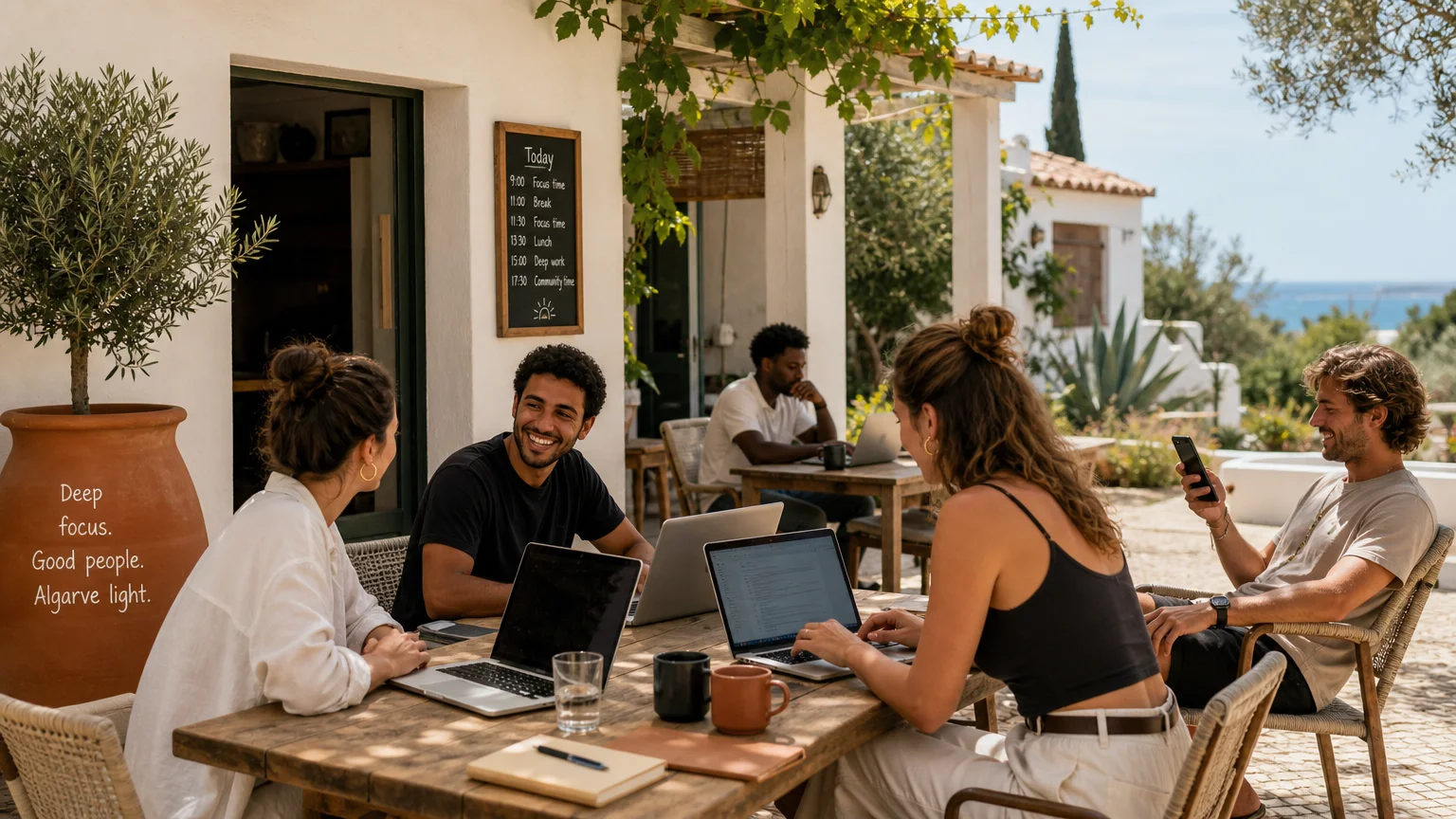 Diverse remote workers connected and working together in a sunny Algarve outdoor space