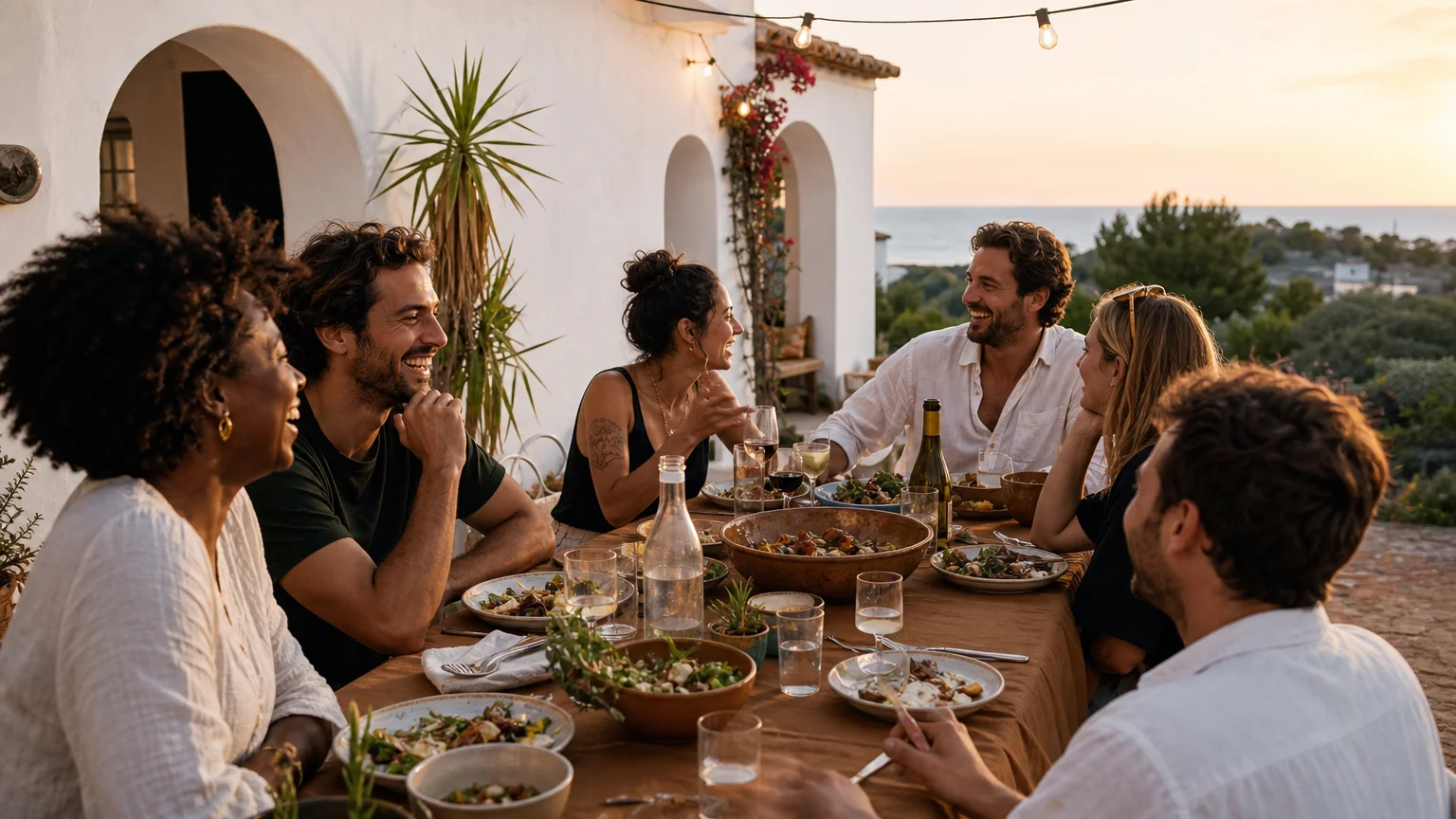 Diverse remote workers sharing a communal dinner outdoors in the Algarve at golden hour