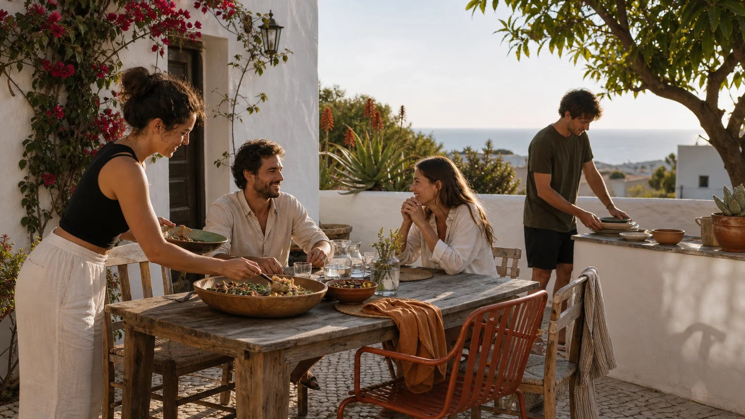 Residents sharing an informal meal in a warm Algarve courtyard