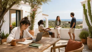 Diverse remote professionals sharing a bright Algarve coliving courtyard
