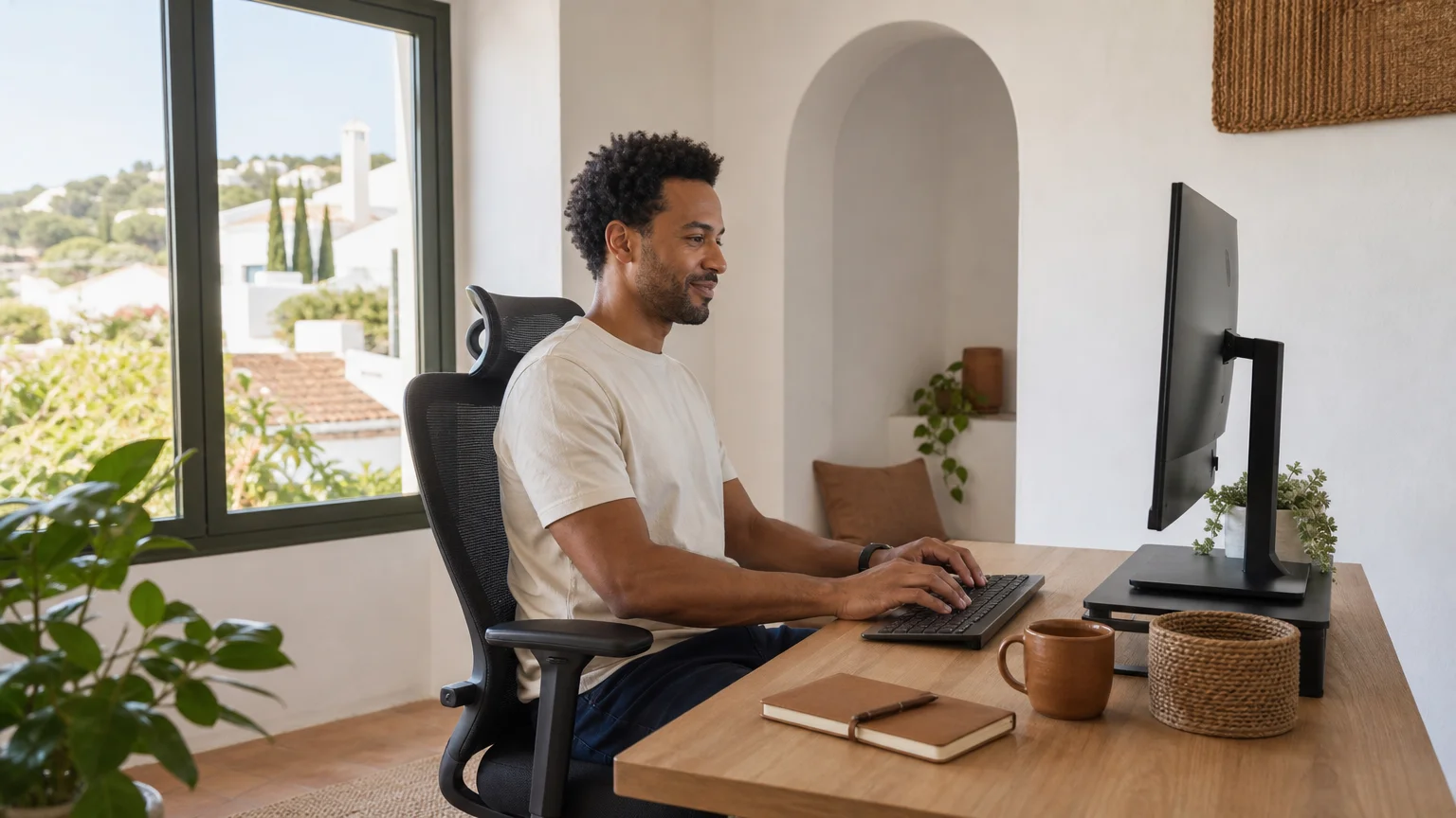 Diverse remote worker in a comfortable and organized home office