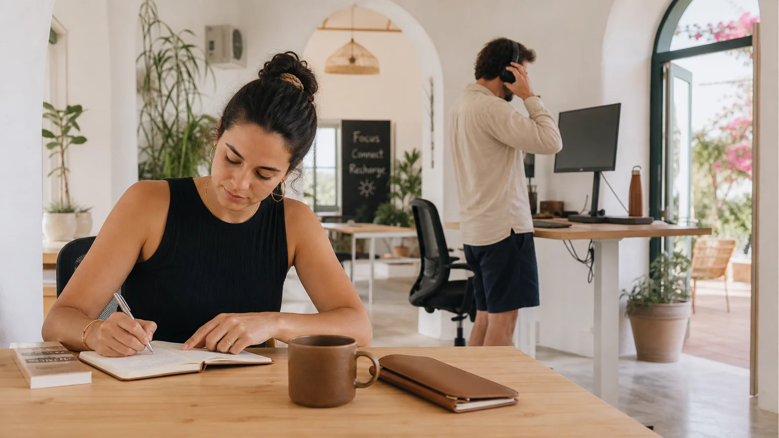Remote workers using separate focus and communication zones in a bright shared workspace