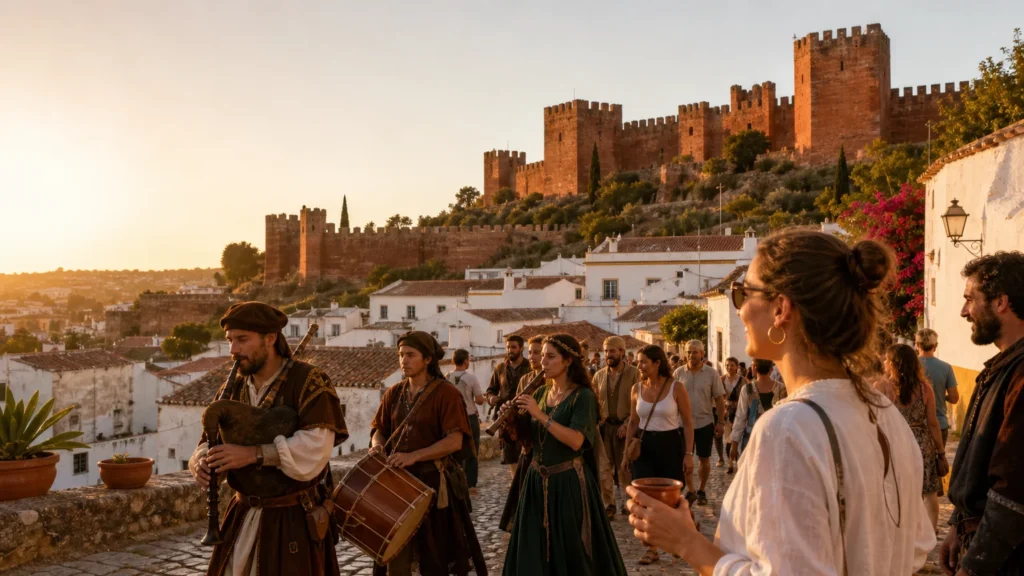 Costumed performers and visitors near Silves Castle at a medieval festival