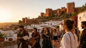Costumed performers and visitors near Silves Castle at a medieval festival