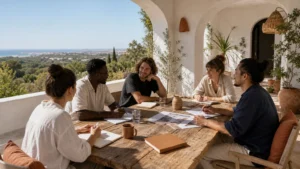 A diverse remote team meeting in a warm Algarve courtyard