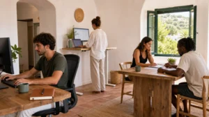 Diverse professionals working together in a bright Algarve coworking environment