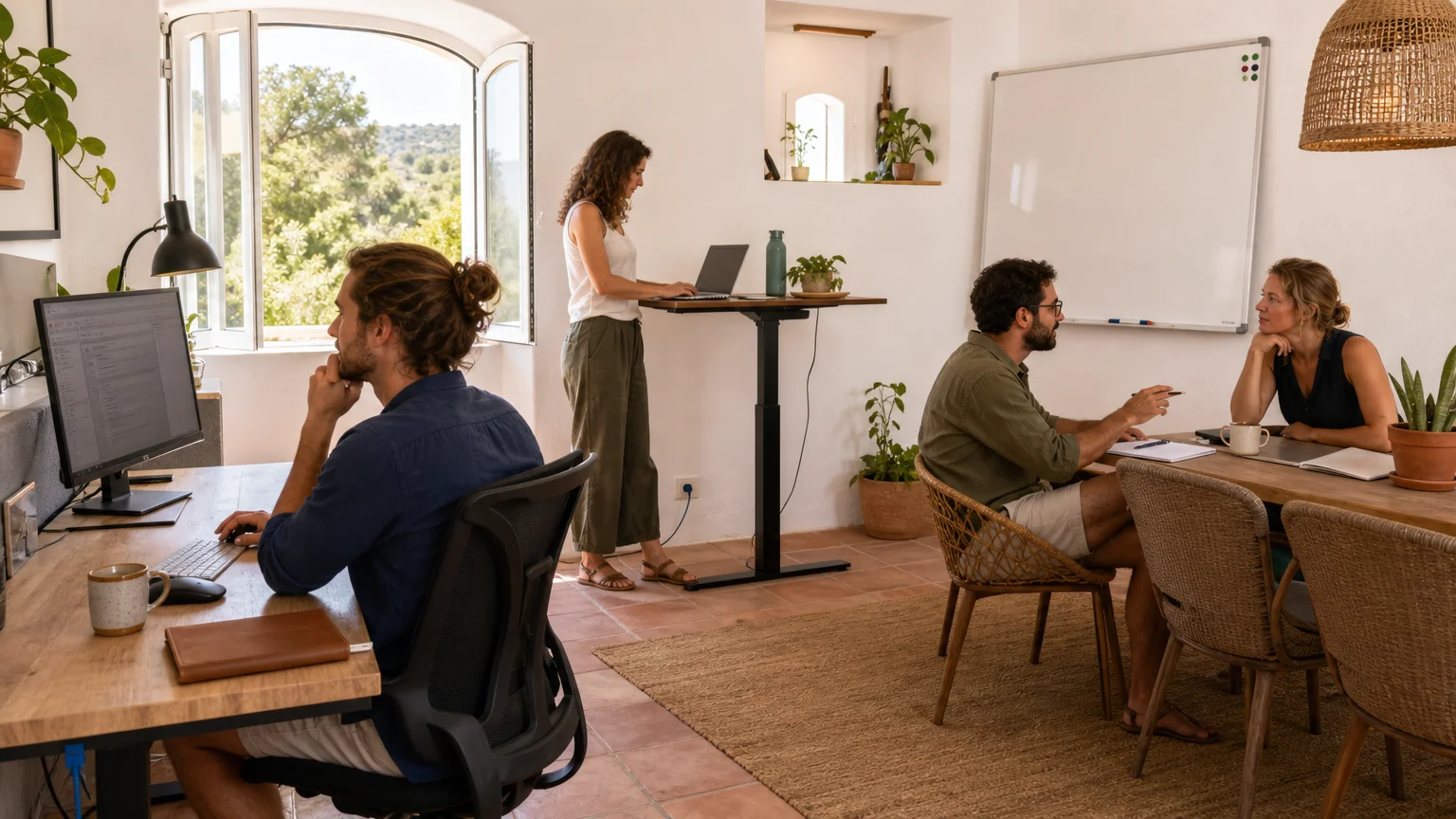 Professionals using ergonomic workstations in a bright shared workspace