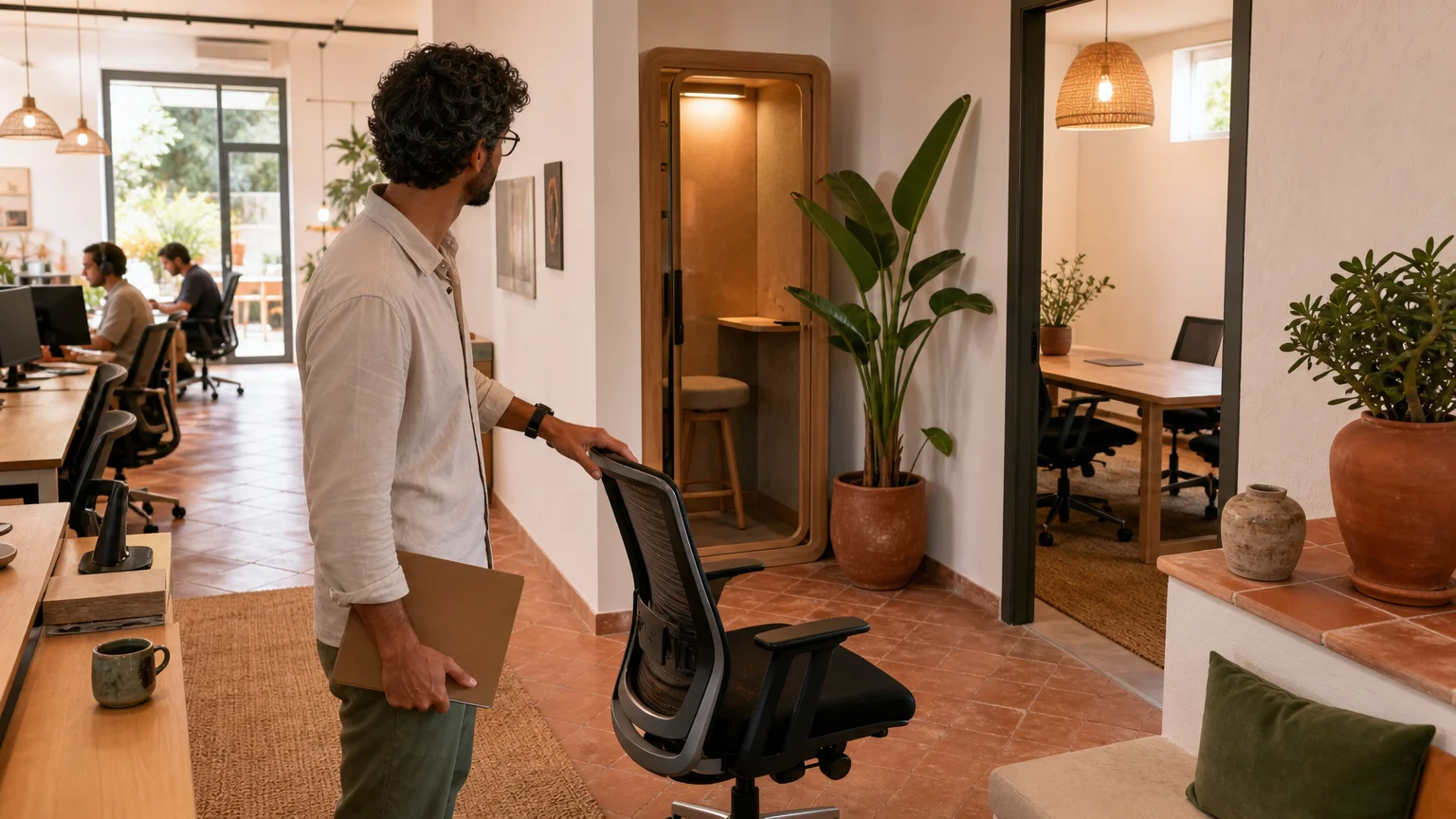 Professional evaluating privacy and comfort during a coworking space tour