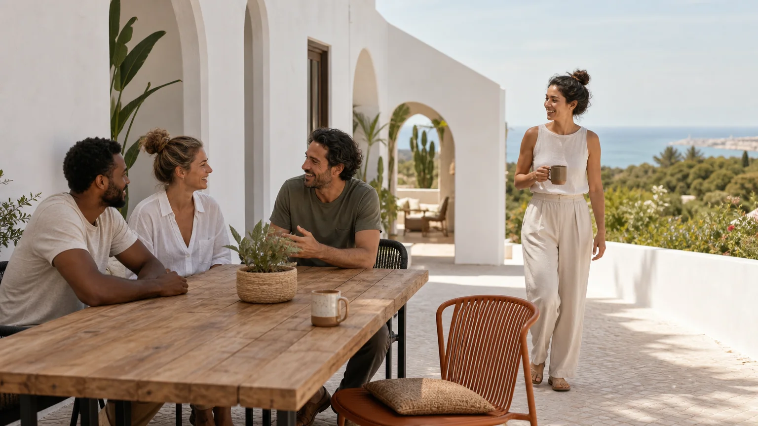 Diverse coliving community gathering in an Algarve courtyard