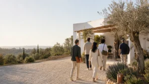 Diverse board members arriving at a peaceful Algarve retreat house