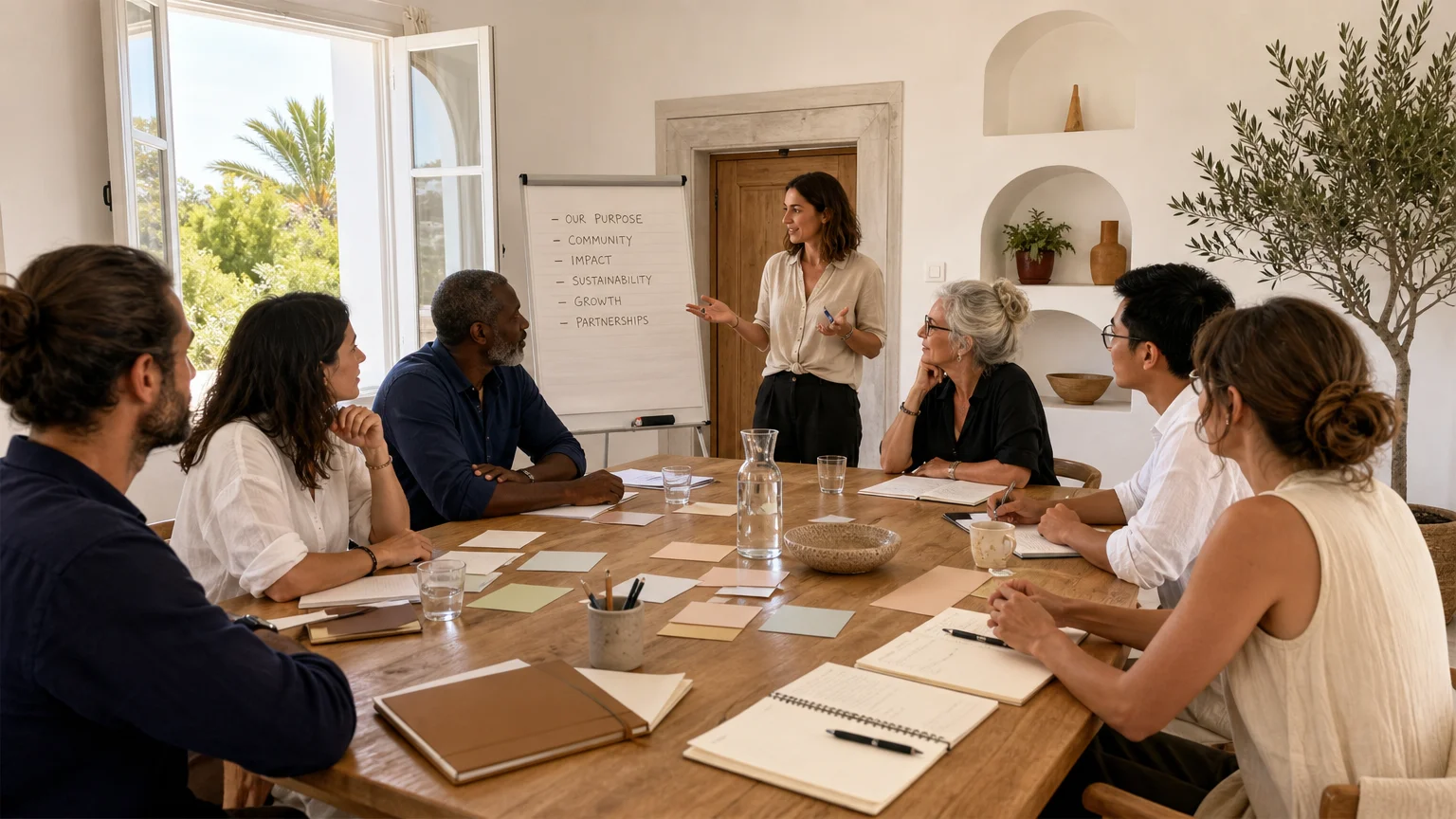 Board members working through a strategic retreat discussion in an Algarve meeting room
