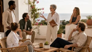 Diverse leadership team gathering in a warm Algarve setting