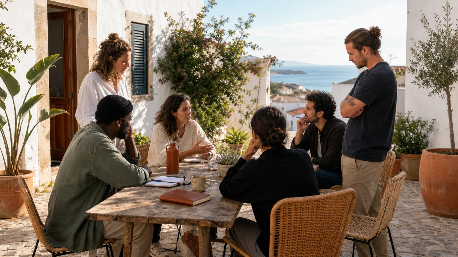 Leadership team discussing strategy in an Algarve courtyard