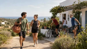 A diverse group enjoying outdoor sports near a white Algarve coliving house