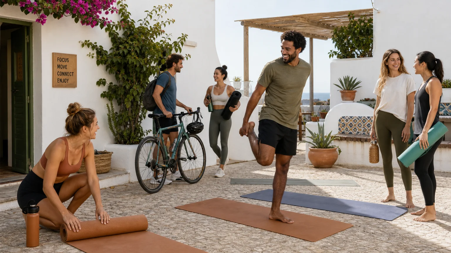 Residents preparing for a shared mobility session in an Algarve courtyard
