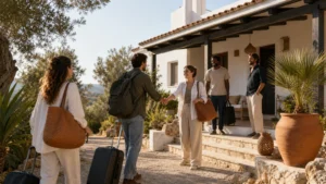 Professionals arriving for a development retreat at a white Algarve house