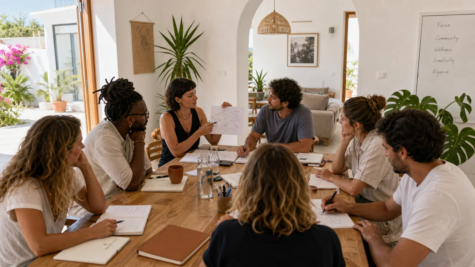 Professionals collaborating during a focused retreat workshop in an Algarve house
