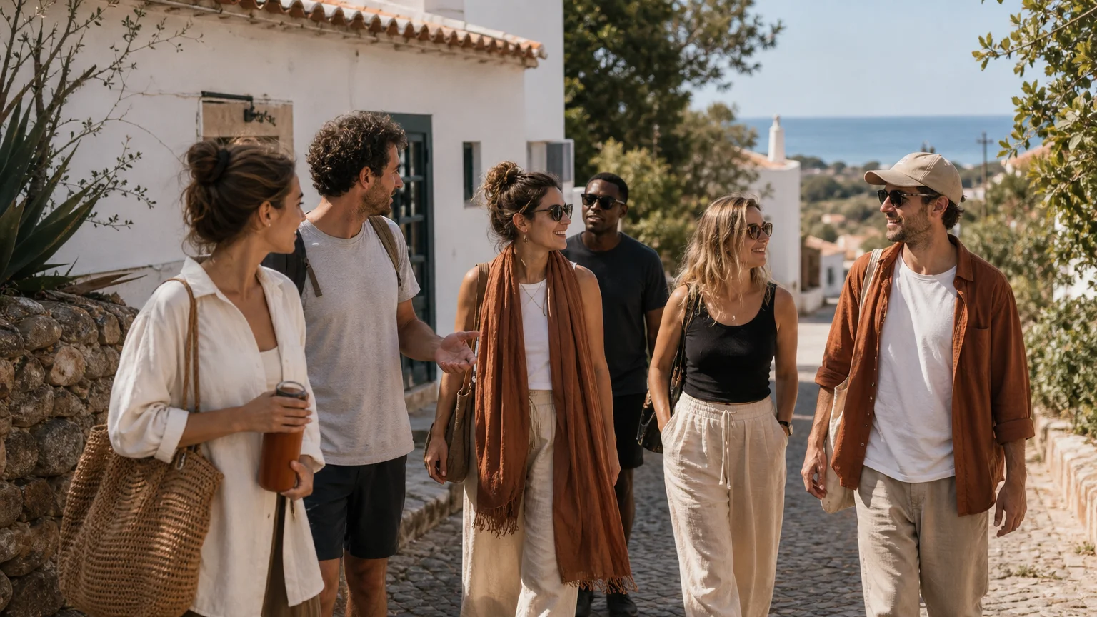 Retreat participants walking and speaking together in the Algarve