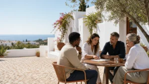 Diverse professional team gathering in a warm Algarve courtyard during a retreat