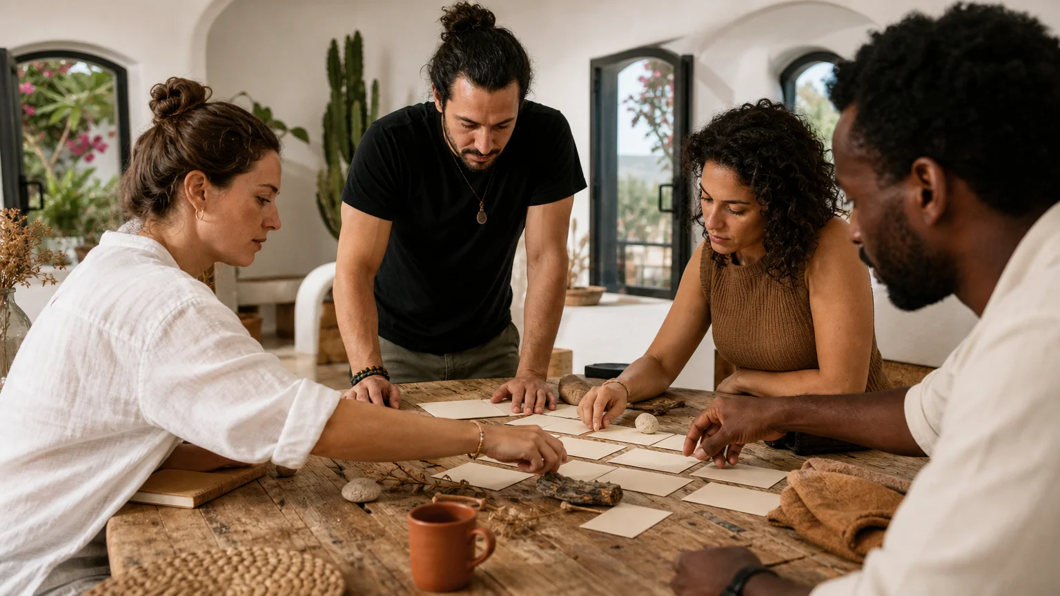 Colleagues shaping a staff retreat theme around a table