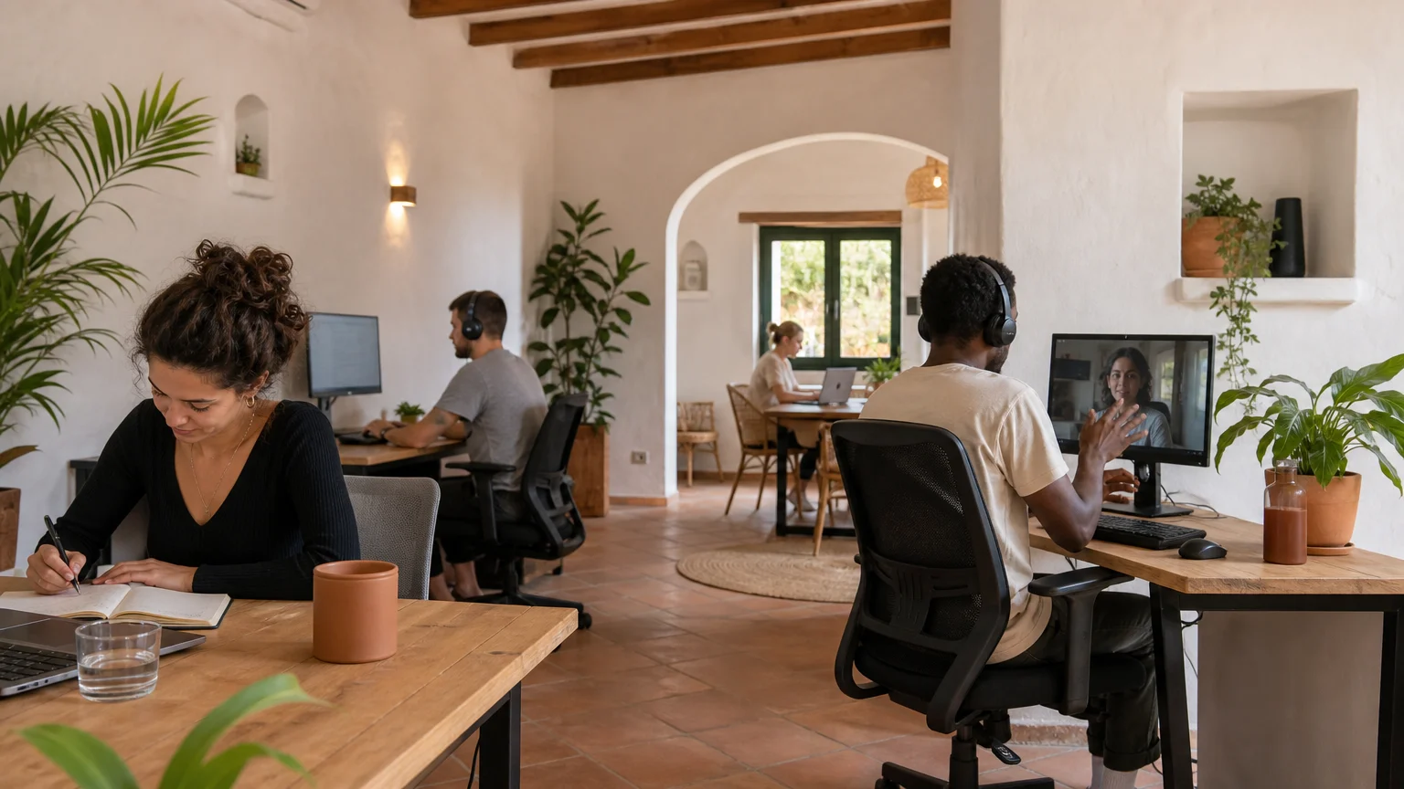 Digital nomads working naturally in a shared Algarve workspace