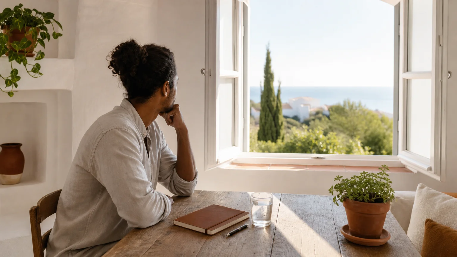 Digital nomad taking a calm moment inside a bright Algarve home