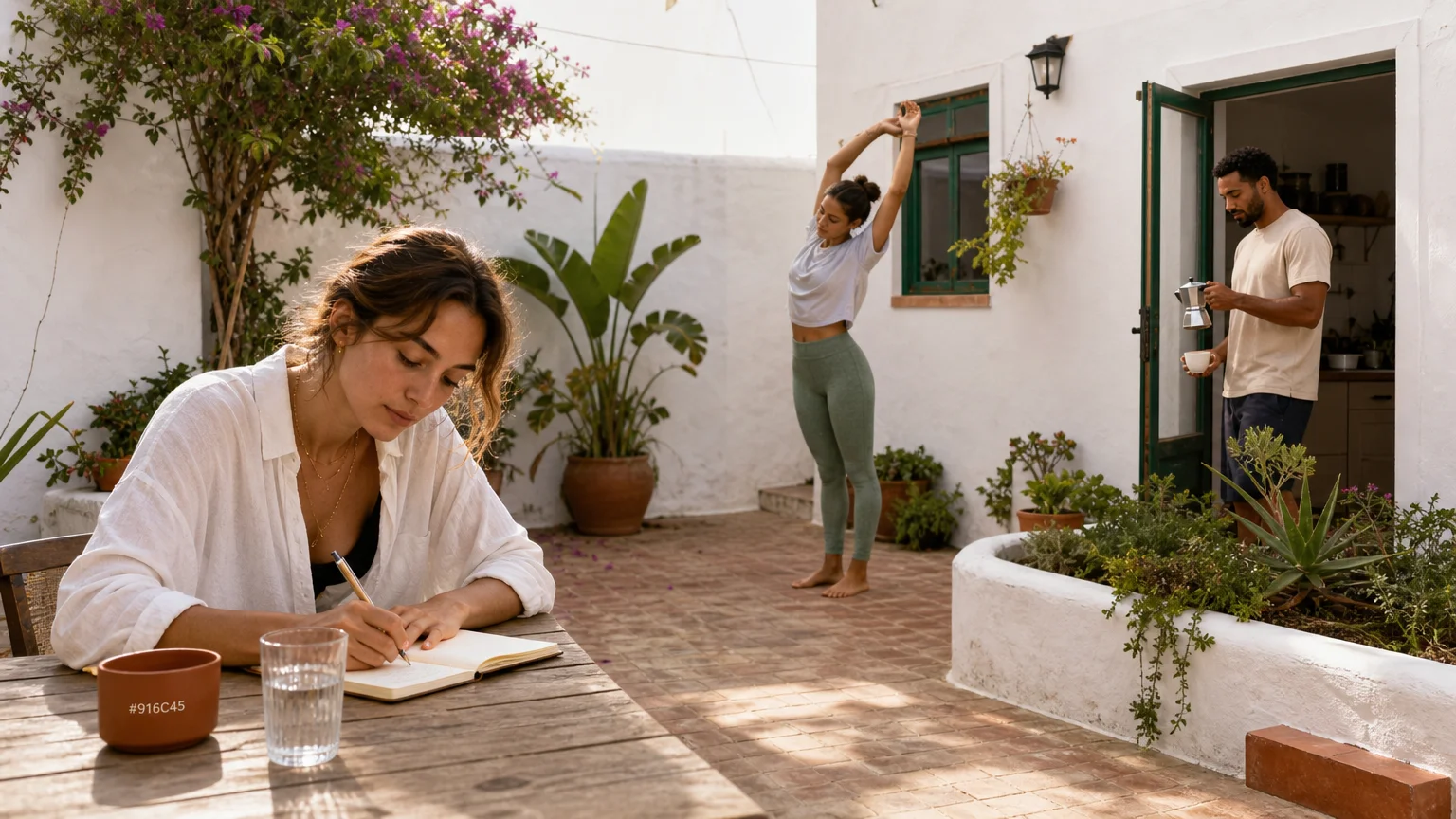 Digital nomads following a calm morning routine in an Algarve courtyard