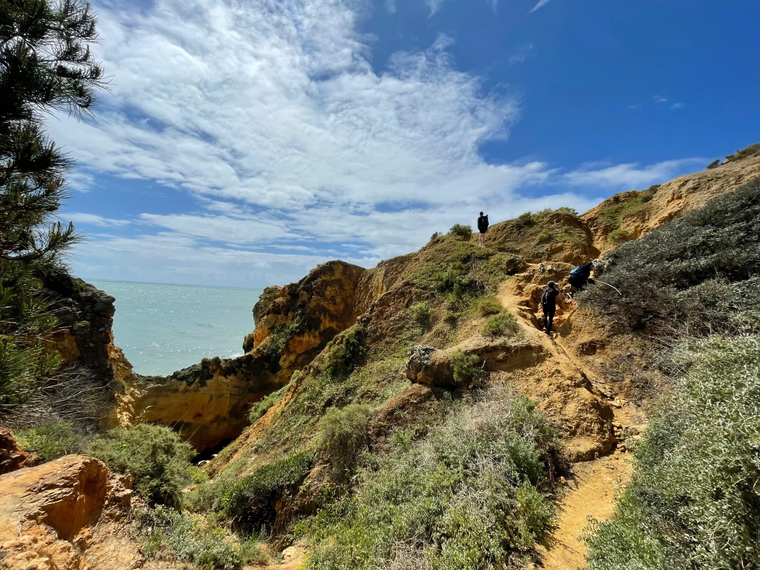 Small hikers follow a rocky coastal hillside path above blue-green water.
