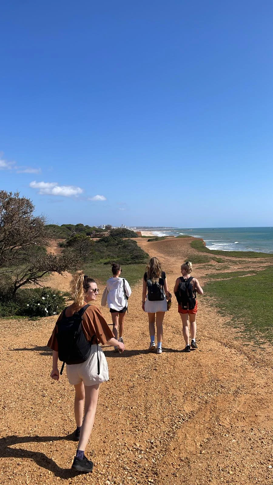 Five people walk along a gravel path beside a coastal shoreline, with shrubs, trees, and open water.