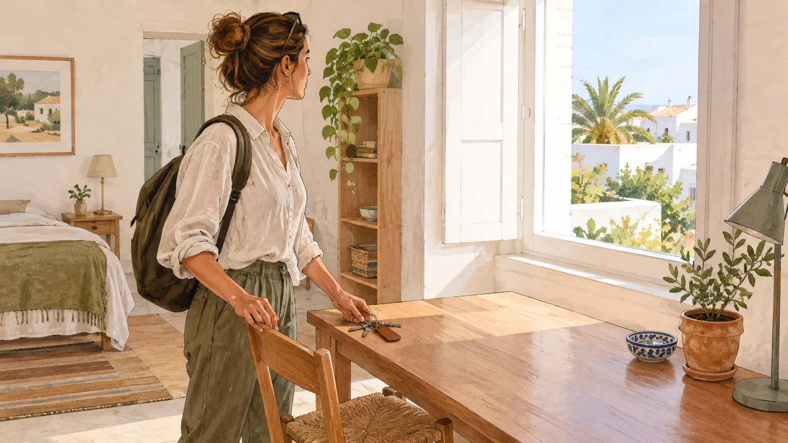 A traveler inspecting a desk in a bright, modest Algarve apartment, with keys in hand.