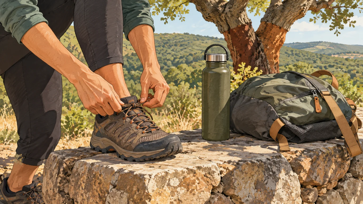 A hiker ties sturdy trail shoes beside water and a daypack on a stone wall in the Algarve countryside.