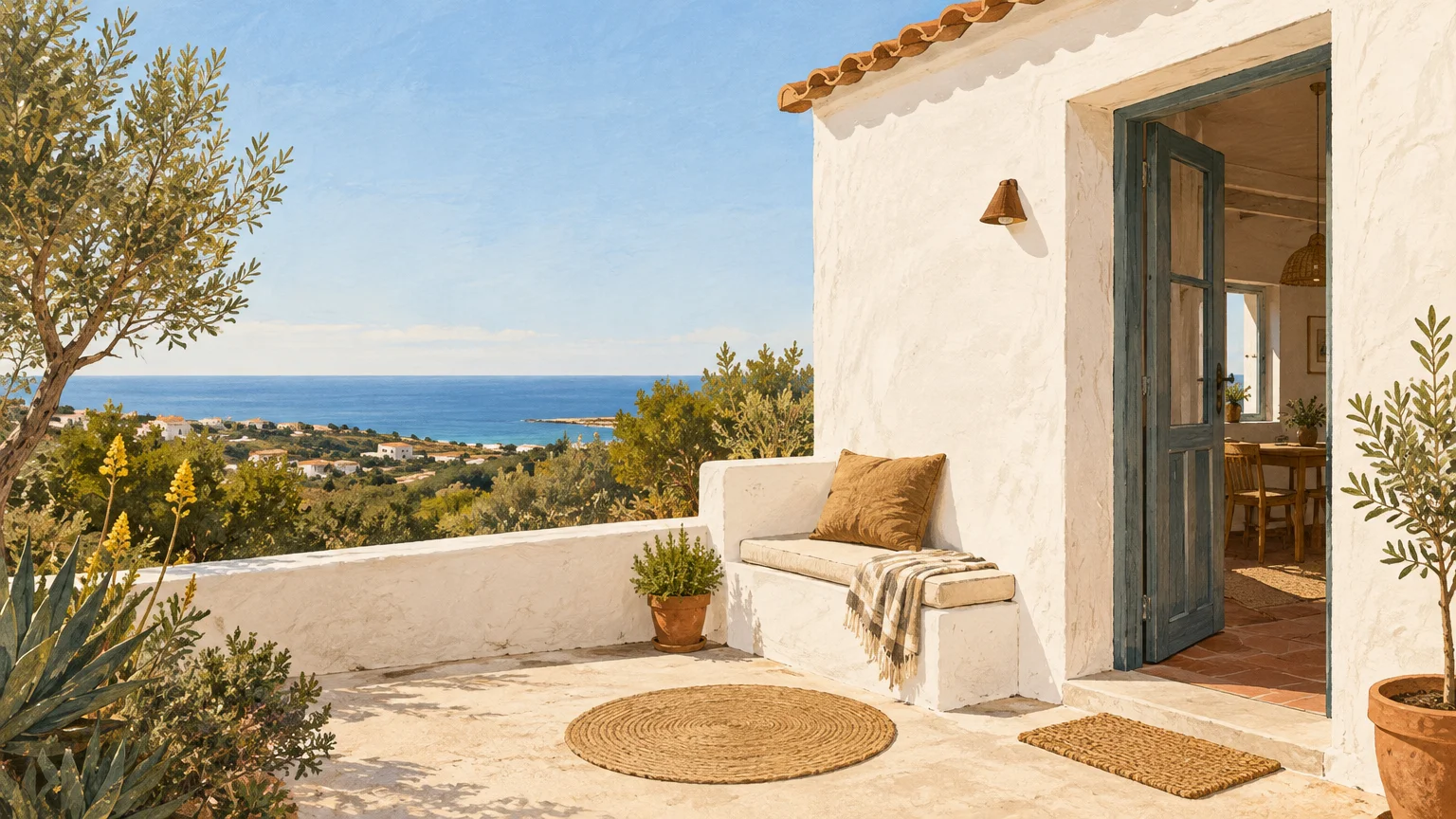 A whitewashed Algarve home and terrace near the Atlantic in winter light