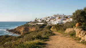 Whitewashed Algarve village overlooking the Atlantic from a coastal path