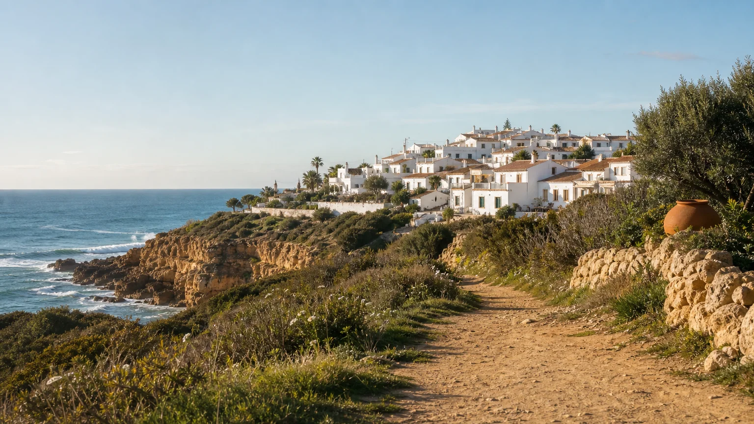 Whitewashed Algarve village overlooking the Atlantic from a coastal path