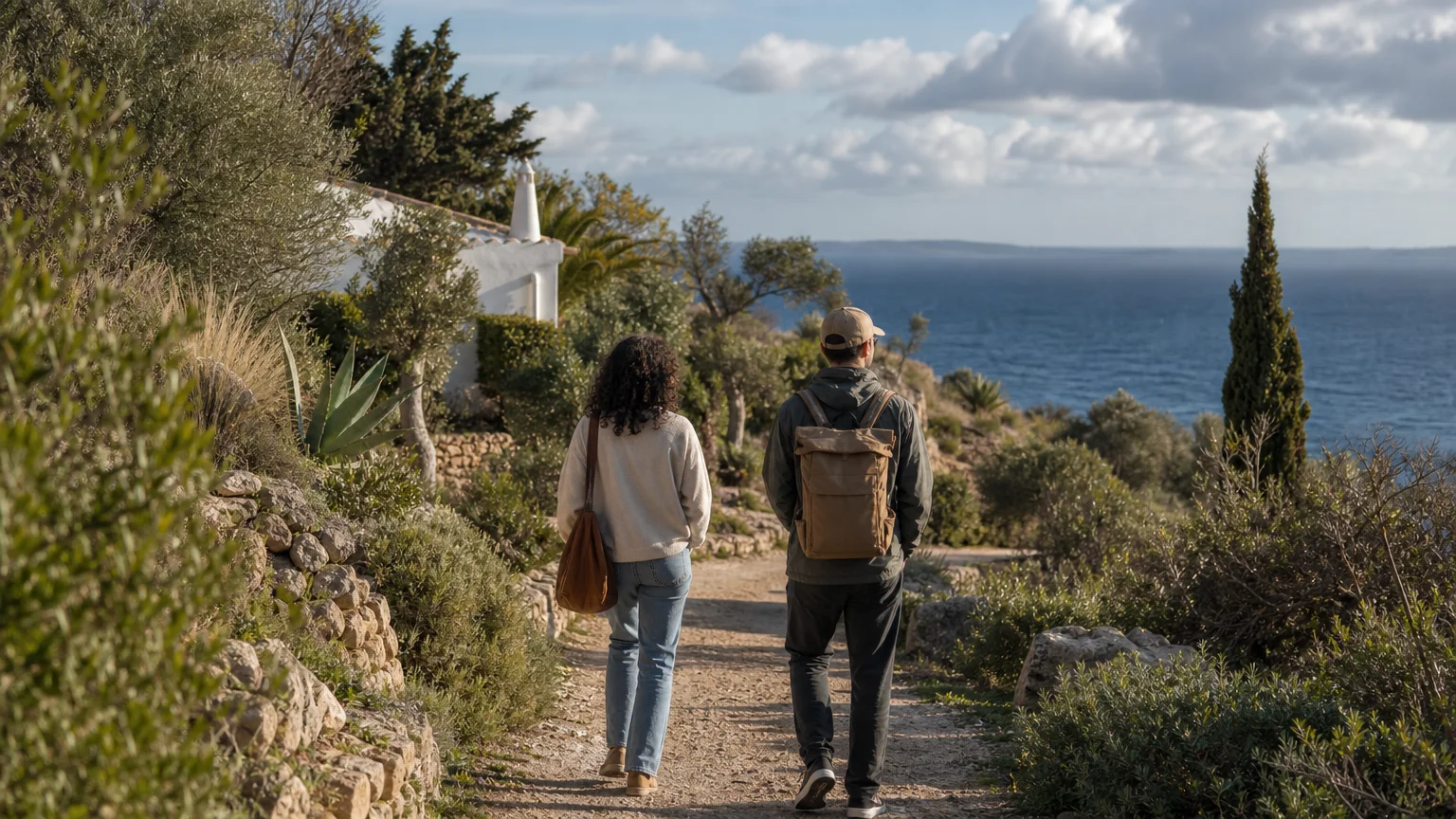 Two travelers in light layers walking an Algarve coastal path above the ocean