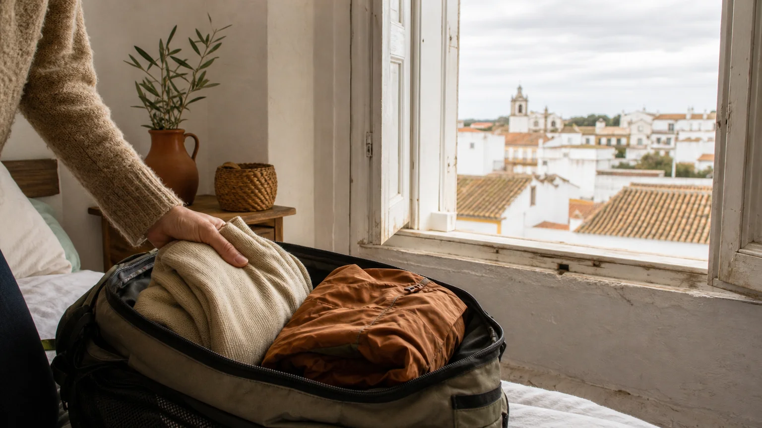 A light sweater and rain jacket packed beside a window overlooking an Algarve town