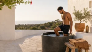 Adult professional entering a cold plunge in a sunlit Algarve courtyard