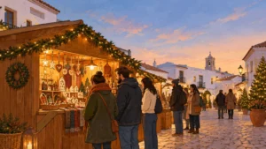 A festive market stall on an Algarve square at dusk, with white buildings and visitors in the background.